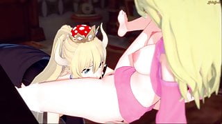 Bowsette licks Peach’s pussy before tribbing. Lesbian Hentai